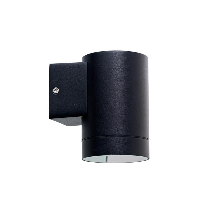 Black cylindrical wall lamp, facing downwards and mounted on a square wall bracket; simple matte black finish against a clean white background.