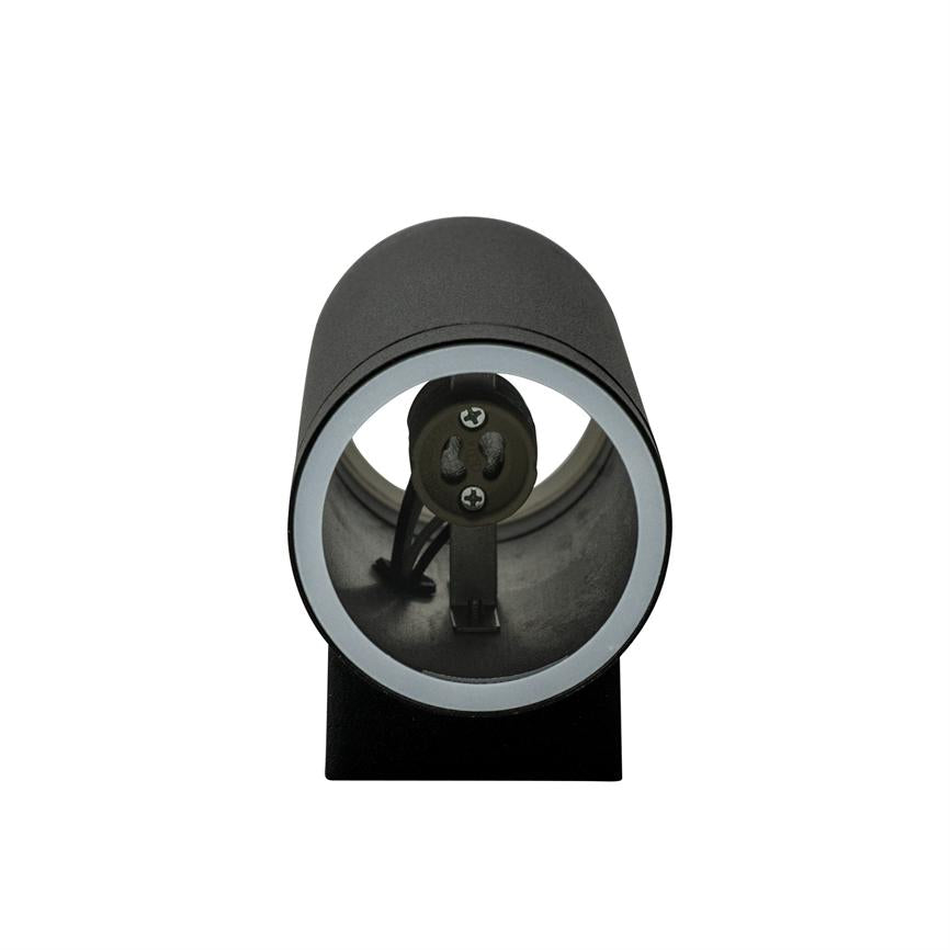 Cylindrical black spotlight housing, showing an empty bulb holder attached with two screws; cables are seen inside, mounted on a small black square base against a white background.