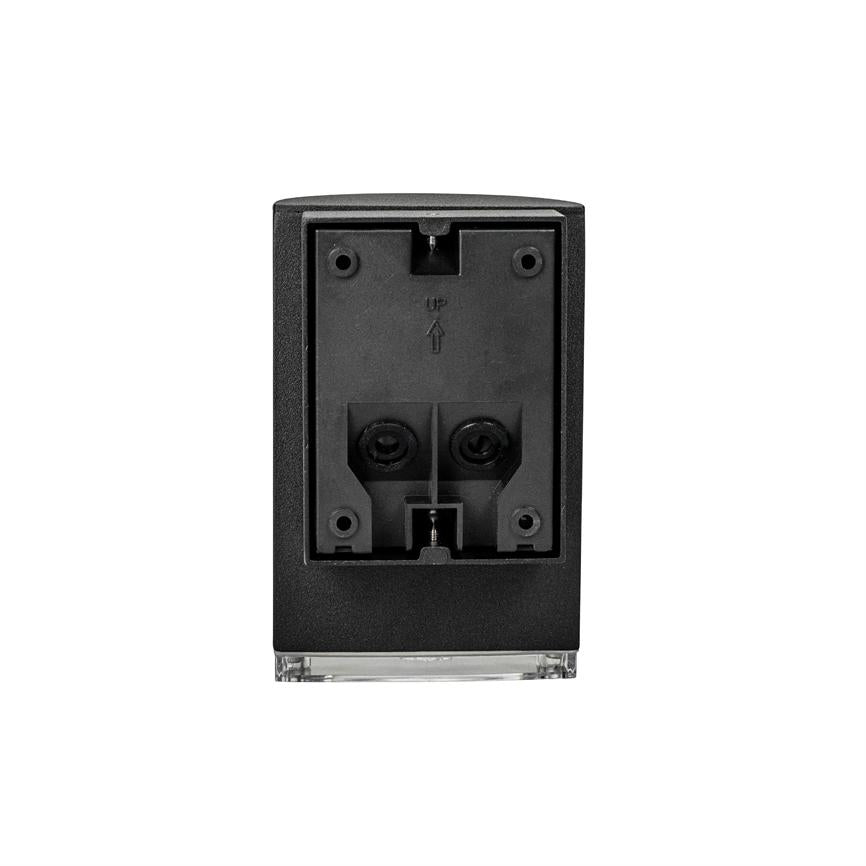 Black rectangular device with open back plate (object) shows two round contact openings (action) and the text "UP" with an upward arrow; placed against uniform white background (context).