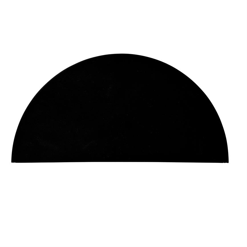 Large black semicircle rests flat, straight edge down, centered in the top half of the image, with sharp outline against a solid white background.