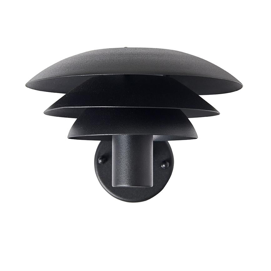 Black outdoor wall lamp mounted on a round wall bracket, with three horizontal, layered shades forming a mushroom-like shape; depicted against a neutral white background.