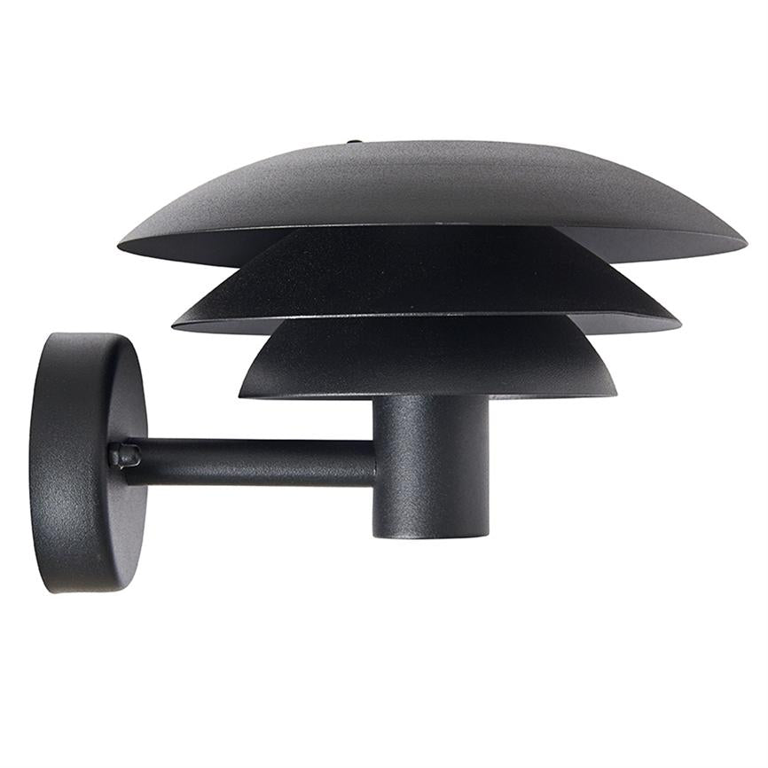 Black wall-mounted outdoor lamp with three overlapping disc-shaped shades covering the light source, mounted on short arm and round wall plate; product photo against white background.
