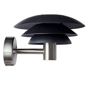 Wall lamp with three overlapping black shades mounted on a short stainless steel rod, attached to a round wall plate; shown against a white background.