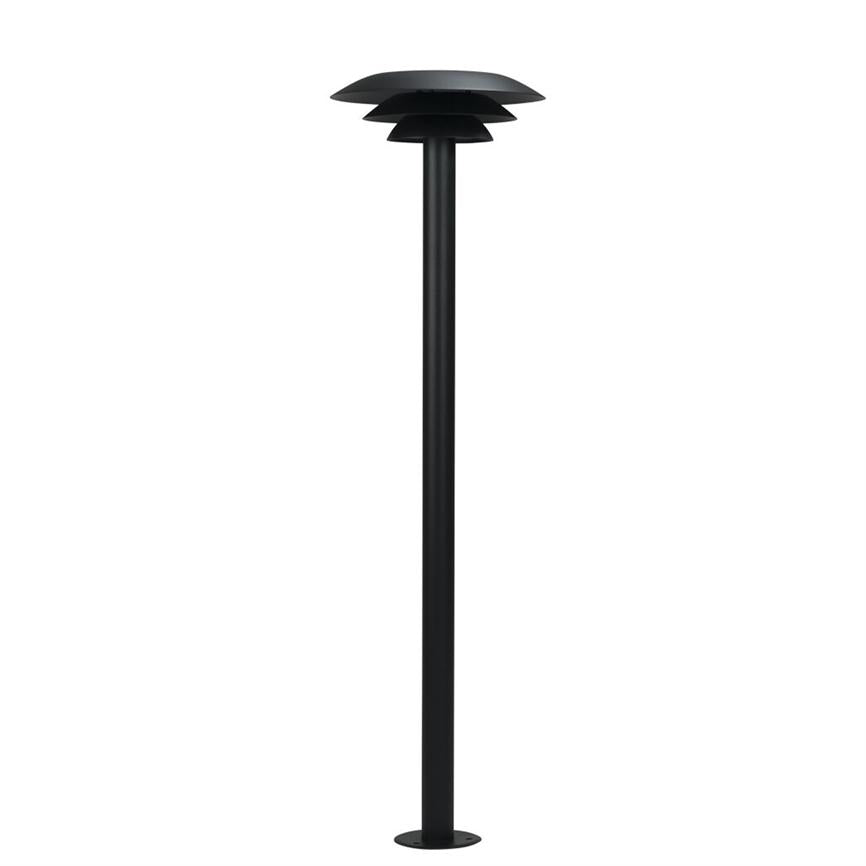 Black outdoor lamp on tall, slim column with three flat, bowl-shaped shades (object); designed to diffuse downward light (action); mounted on a round base for fixed installation in the garden or along a path (context).