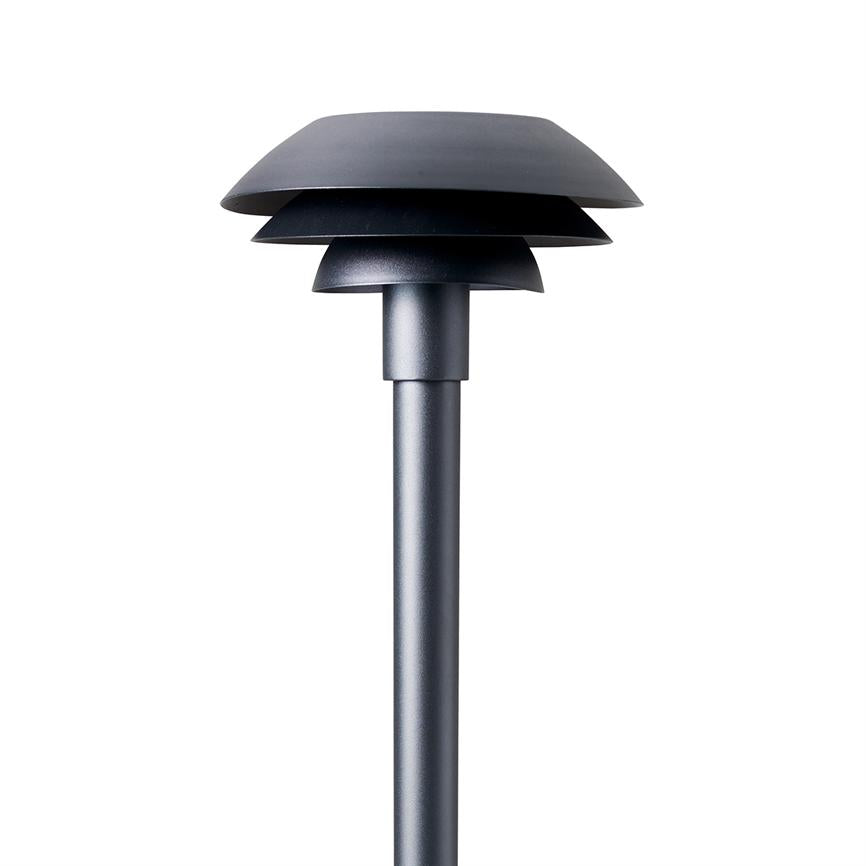 Silver gray garden lamp with multilayer, flat black shade at the top; standing on a slender pole against white studio background.