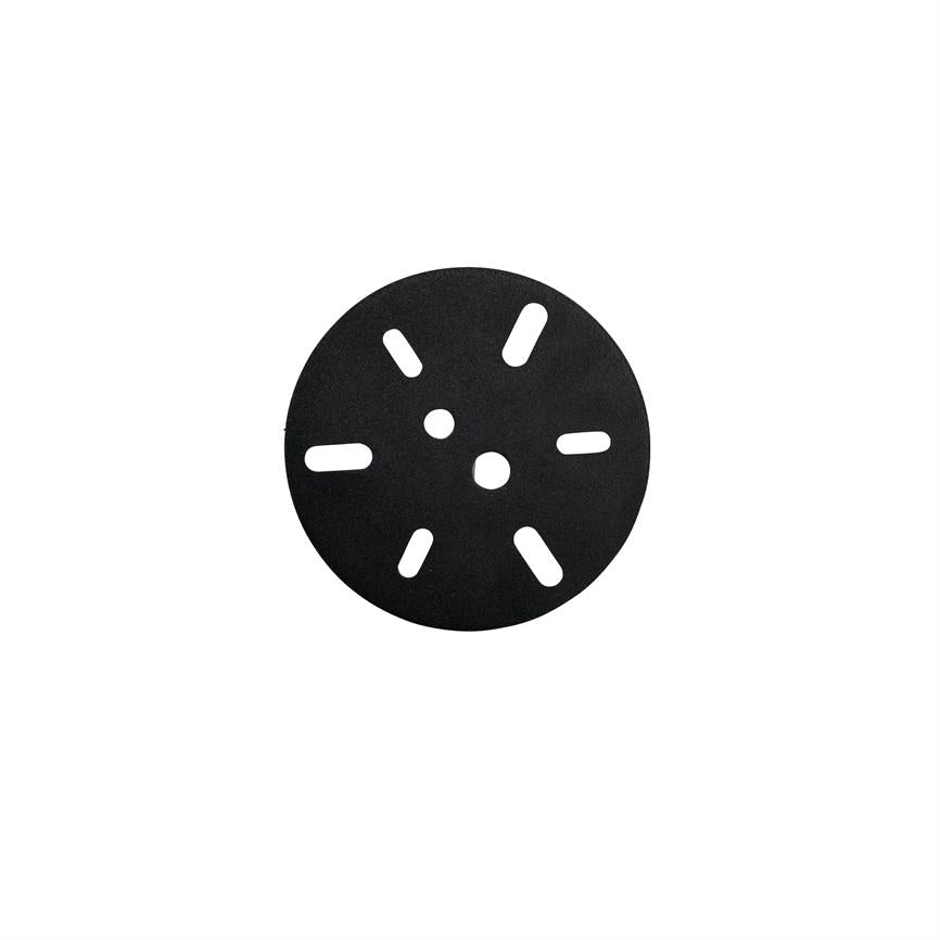 Black round disc with six oblong cutouts and two circular holes, mounting plate for sandpaper, centered on white background.