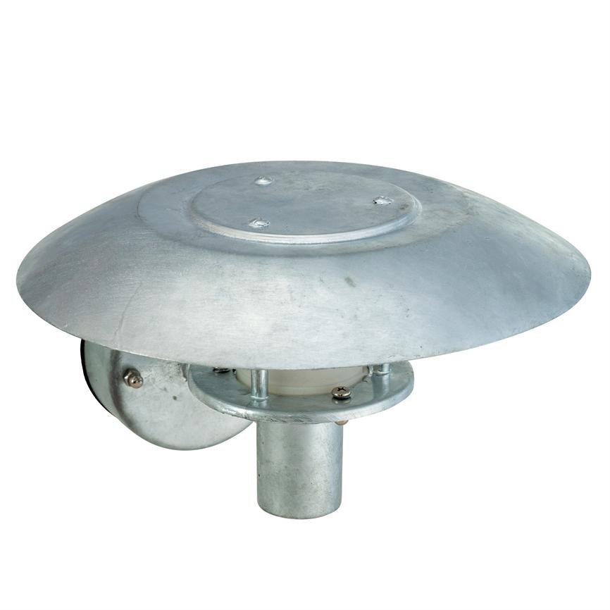 Round, mushroom-shaped galvanized metal lamp mounted on a short wall bracket; screen covers light source below, visible mounting ring and screw connections — shown isolated against white background.