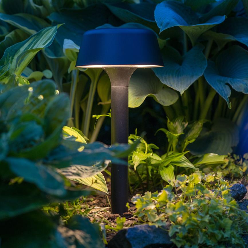 A black garden lamp casts warm, downward light at dusk between large hosta leaves and ground cover in a lush garden bed.