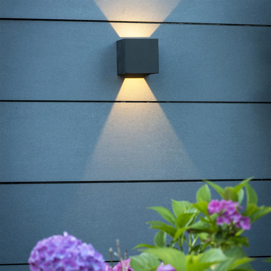 Box-shaped wall lamp casts cone-shaped light up and down on a dark wall with horizontal joints; purple flowers and green leaves are seen in the foreground.
