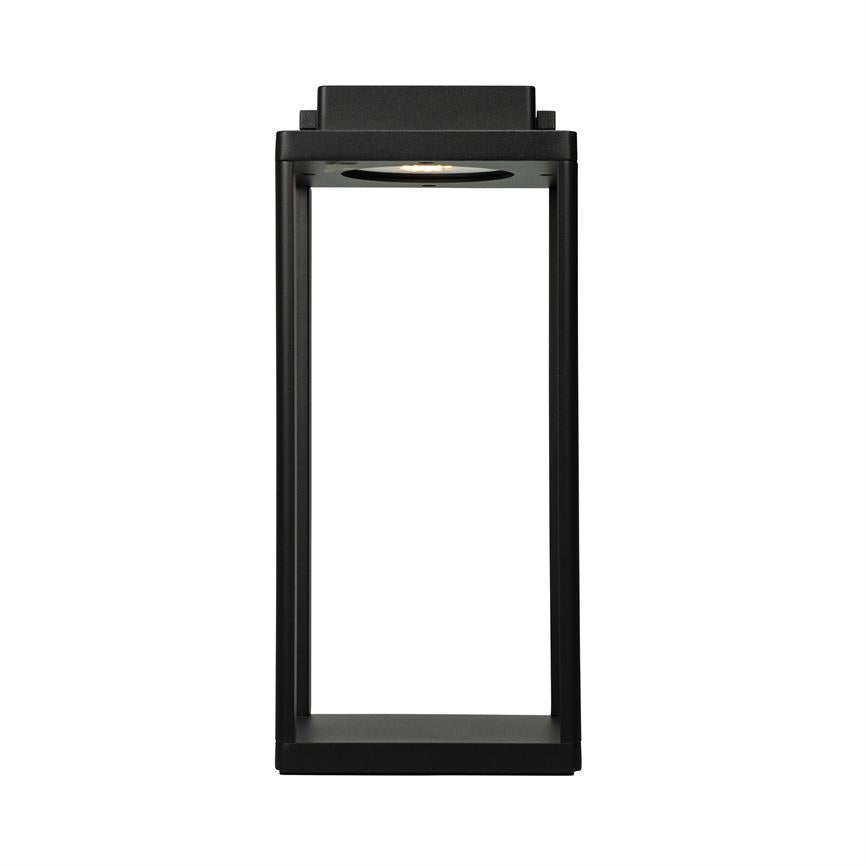 Matt black, open rectangular metal lamp is illuminated downwards from a built-in round LED, shown against a uniform white background.