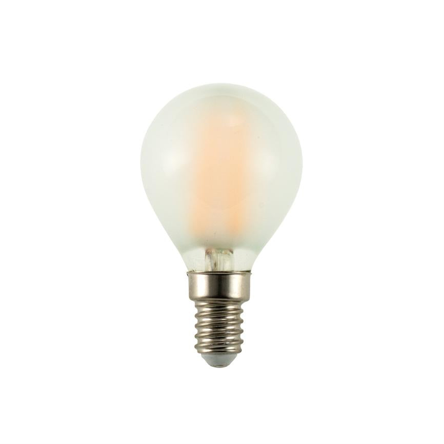 Small, frosted incandescent bulb with metal screw socket stands vertically; a faint warm glow is seen through the glass, isolated against a pure white background.