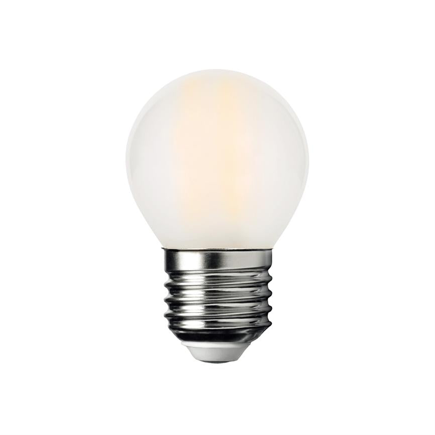 Bulb with frosted glass dome emits dim warm light; metal screw socket pointing down, isolated against a uniform white background.