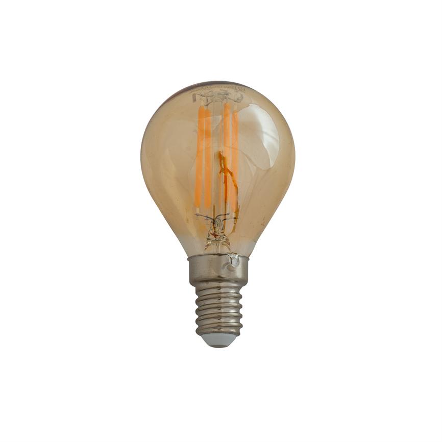 A round amber LED bulb with visible vertical orange filaments, mounted on a small metal screw socket; the bulb is isolated against a neutral white background.