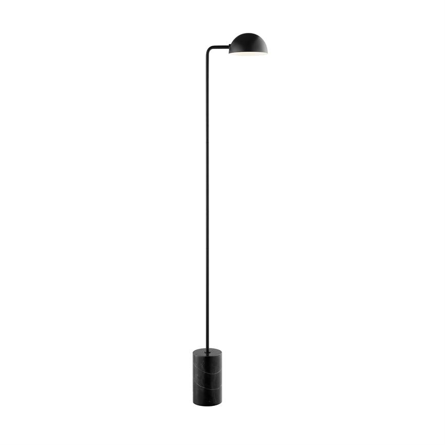 Floor lamp features a thin black rod that extends from a cylindrical black marble base and bends into a hemispherical black shade, which is illuminated downwards against a white background.