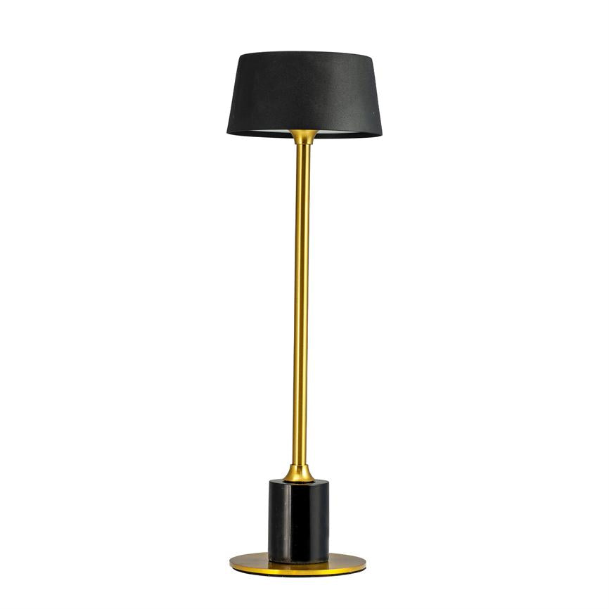 A modern table lamp with black lampshade, thin golden stem and black cylindrical base; it stands upright on a white background.