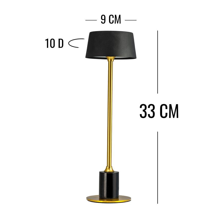 Table lamp stands vertically with black shade and slender golden rod above round black-gold base on white background; measurements show dimensions.
 
 Text in the image: — 9 CM —; 10D; 33 CM