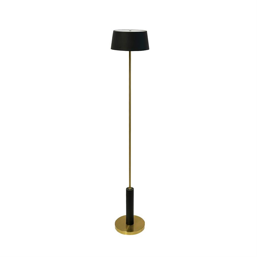 Floor lamp stands upright with slim brass stand, black cylindrical base and black lampshade at the top, set against a uniform white background.