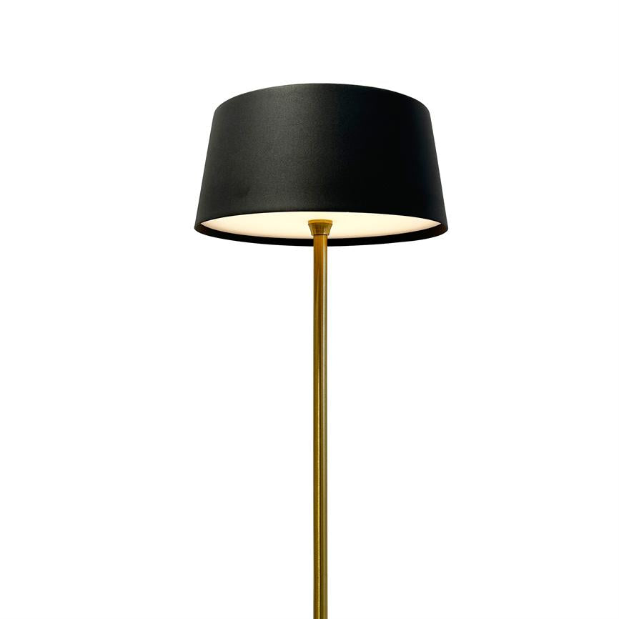 Standing floor lamp with black, cylindrical shade that emits soft, warm light; slender brass colored bar supports the screen against a uniform white background.