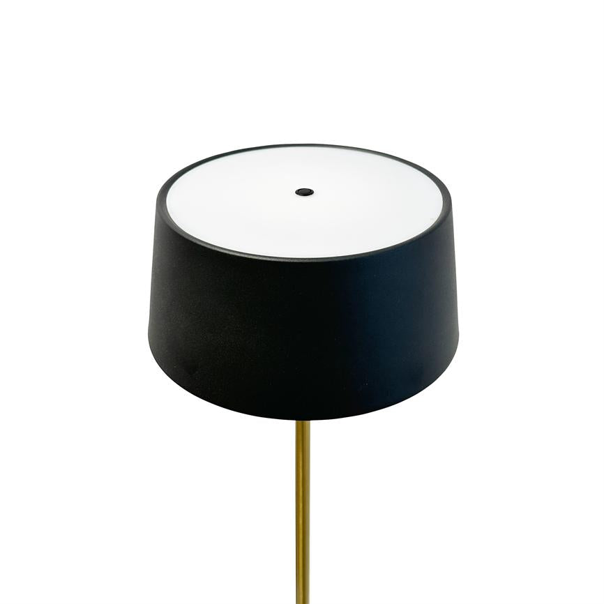 Black lampshade with white top and small black button rests on a thin gold-coloured stand and stands alone in front of a uniform white background.