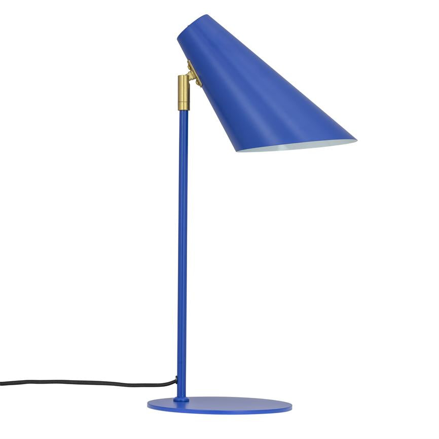 Blue desk lamp tilts its cone-shaped shade downwards, stands on slender pole and round base with black cord and brass link, against a neutral white background.