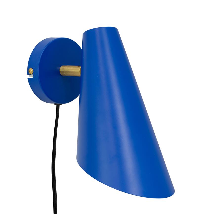 A blue, cone-shaped wall lamp mounted on a round wall bracket; the screen is angled slightly forward on a brass shaft, with black fabric cord against a white background.