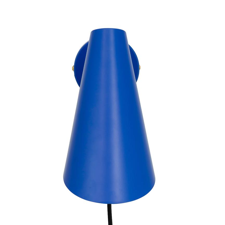 Blue cone-shaped lamp points downwards from a round wall mount; a black cord hangs down against a uniform white background.