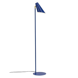 A slender blue floor lamp stands upright, with a slanted conical shade directed downwards; thin rod, round foot and black cord against a neutral white background.