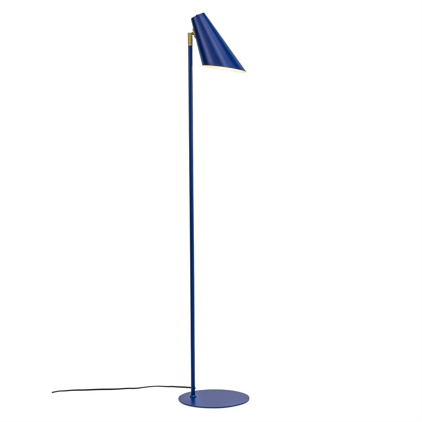A slender blue floor lamp stands upright, with a slanted conical shade directed downwards; thin rod, round foot and black cord against a neutral white background.