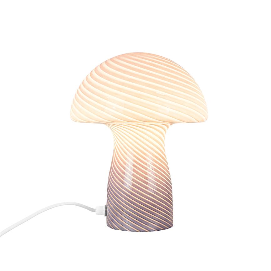 Mushroom-shaped table lamp emits warm, diffused light; has spirally ribbed cream-to-purple glazed glass surfaces and a white cord, set against a plain white background.