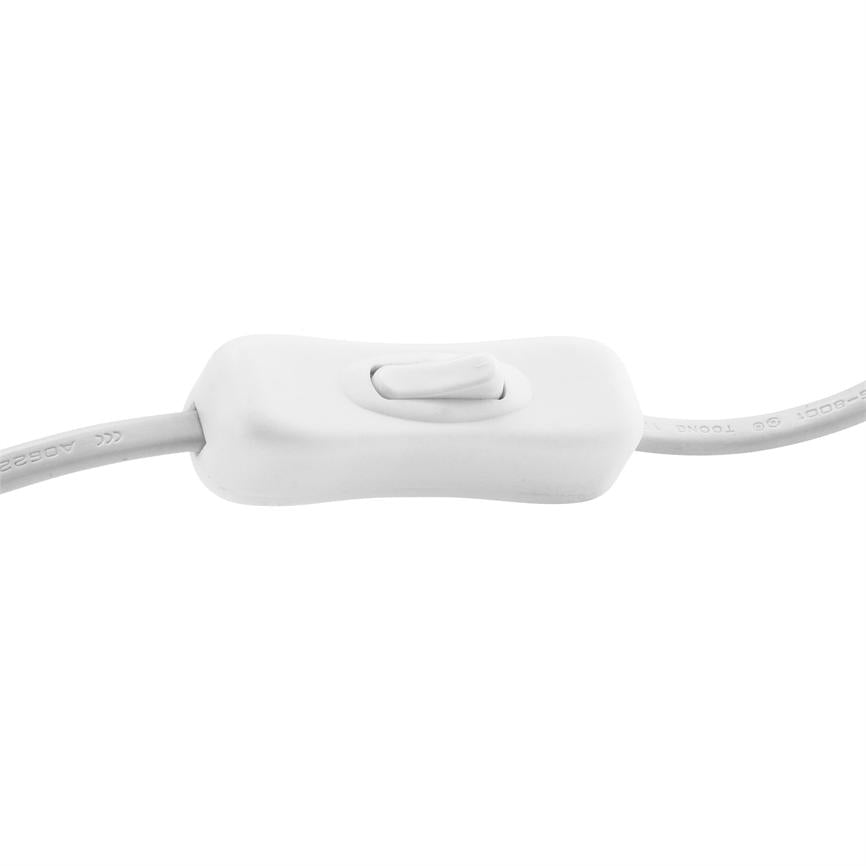 White rocker switch (object) mounted on a thin wire (action), shown in neutral position; isolated product photo with smooth, uniform white background (context).