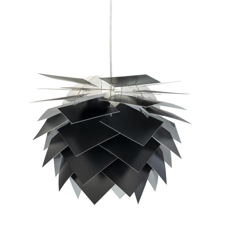 Pendant lamp with overlapping matte black plates, hanging from a thin wire against a uniform white background and resembling a large architectural cone.