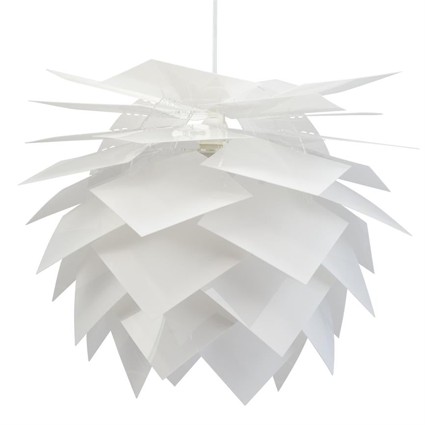 Hanging white pendant lamp — layers of overlapping square plates form a pointed, spherical shade; suspended by a thin wire against a neutral white background.