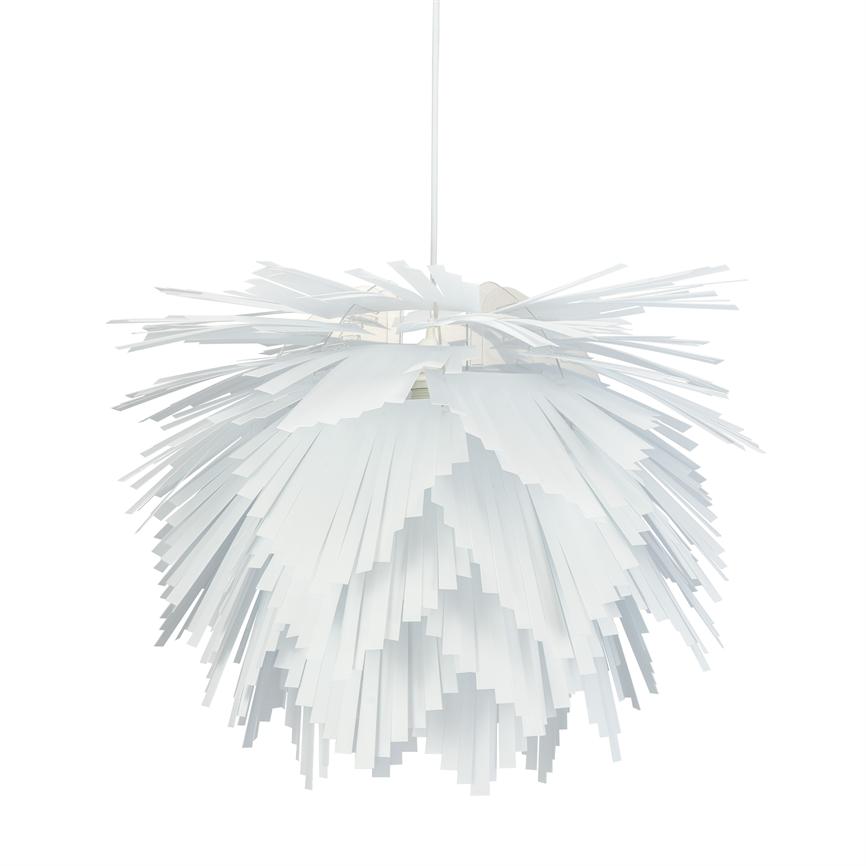 A large white pendant-lamp with layers of cut, scattered paper-like strips hanging from a single wire against a uniform white background.