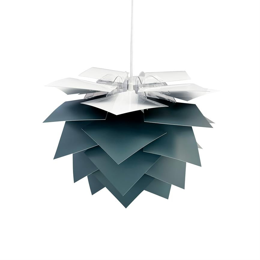 A modern pendant lamp hangs freely against a white background; layered, angular metal sheets form a dark green, cone-like shape around the light source.