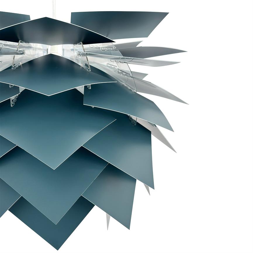 A contemporary pendant lamp consisting of layered, overlapping square metal sheets that unfold around a central opal socket; closely cropped and shown against a clean, white background.