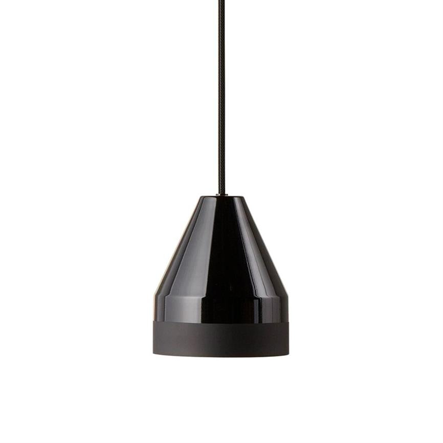 A black, conical pendant lamp hangs from a thin black cloth-covered cord; glossy surface with matte edge, shown centrally in front of a uniform white background.