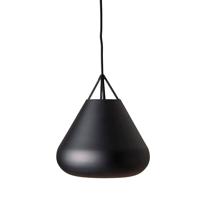 Black pendant lamp hangs in black cord with three support arms above a white background; matte, conical drop-shaped shade with rounded base, suitable for modern interiors.