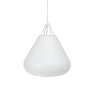 Hanging lamp with matt, white, drop-shaped shade; suspended by a slender wire through a geometric lattice suspension; centrally placed against a neutral, white background.