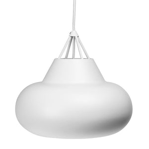 White pendant-lamp hangs in a textile-wrapped cable; the screen is round and inflated with a smooth, matte surface. Surroundings: solid white background, isolated product photo.
