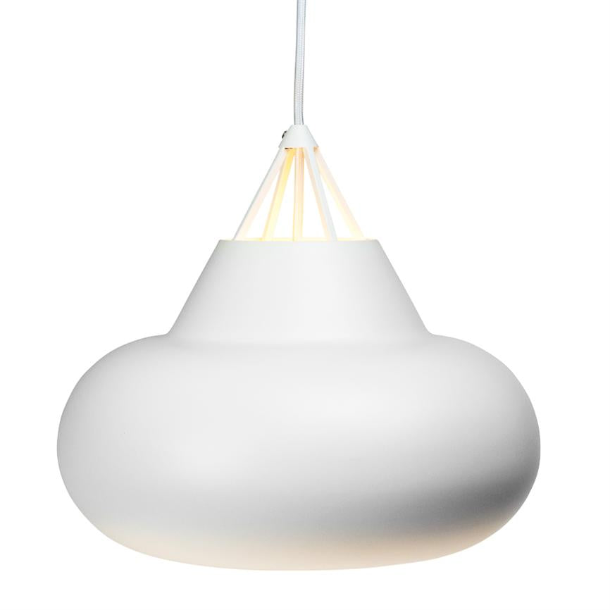 White pendant lamp hangs from a white fabric cord and emits soft, warm light; simple round shape with narrower top in front of a uniform white background.