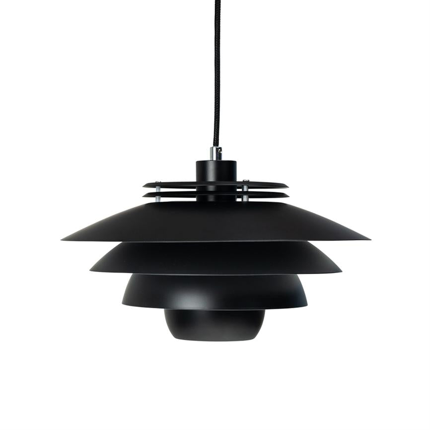 Black pendant-lamp with layered, bowl-shaped shades; it hangs from a black fabric cord against a uniform white background, minimalist and modern lighting design.