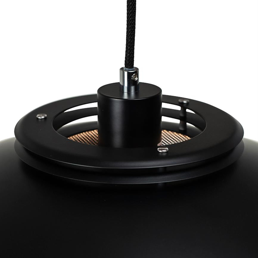Black pendant lamp hangs from a black braided cord; a cylindrical metal bracket connects the lamp dome with ring-shaped ventilation openings, visible copper-colored mesh inside, against a neutral white background.