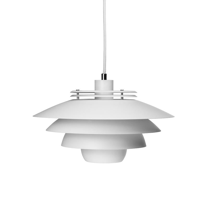 Hanging ceiling lamp with four layered, bowl-shaped shades; it floats in a fabric-covered wire in front of a uniform white background, minimalist Nordic expression.