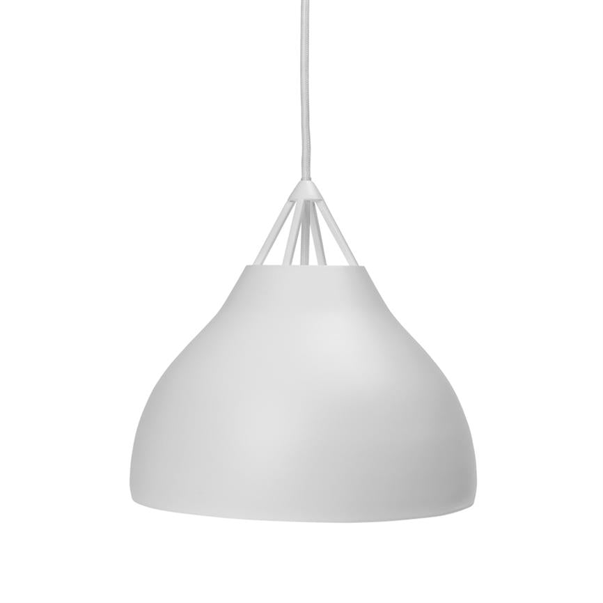 Ceiling lamp hangs from a textile-covered cable; white, rounded screen with open triangular bezel at top; minimalist, matte surface against a uniform white background.