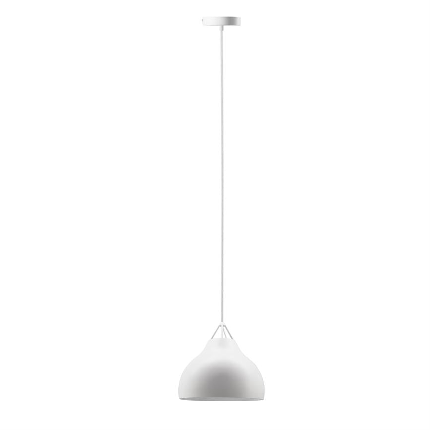 White pendant lamp hangs from the ceiling by a thin cord; matt, bell-shaped metal screen with discreet ceiling mount in a clean, white and empty environment.