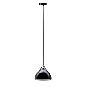 A black pendant lamp hangs by a thin cord from a round ceiling bracket; matte black teardrop-shaped screen facing downwards over a solid white background.