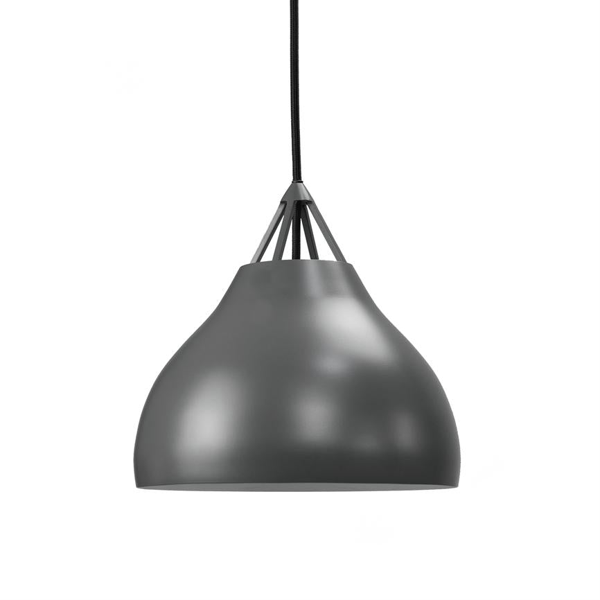 A gray pendant lamp hangs from a thin black fabric cord against an all-white background; curved, shiny metal dome with an open bottom and triangular struts at the top.