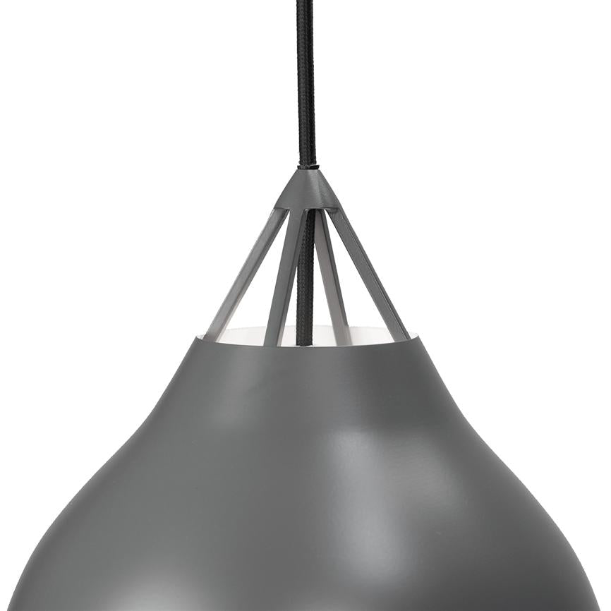 A gray pendant lamp hangs from a black braided cord; the lamp's conical top with three open supports leads to a smooth, curved shade against a white, neutral background.