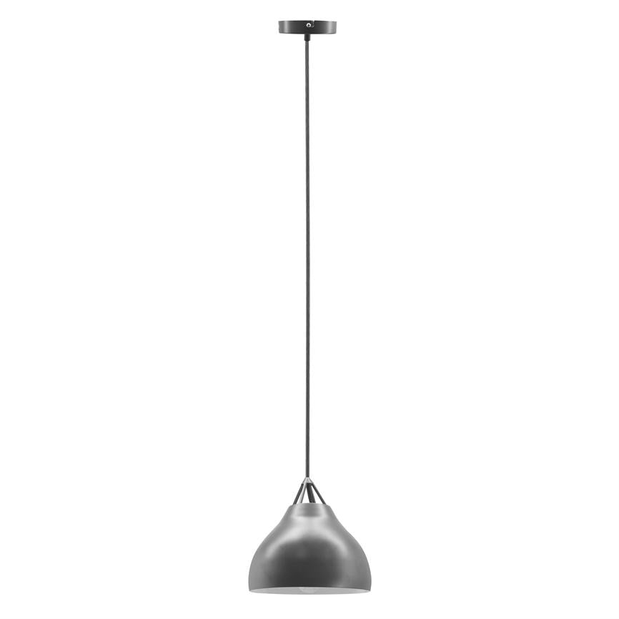 A matte gray pendant lamp hanging from a black cord, with round dome and open bottom, shown alone against a pure white background.
