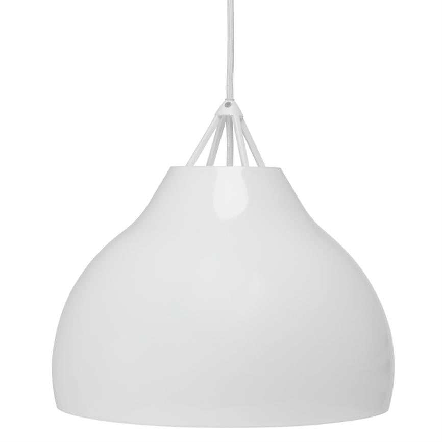 A white, glossy pendant lamp; hangs by a fabric-covered cable from a small suspension; simple round dome shape against a uniform white background.